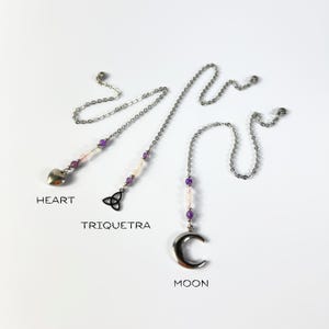 Dowsing pendulum chain, Rose quartz and Amethyst, Triquetra, Moon or Heart charm, stainless steel