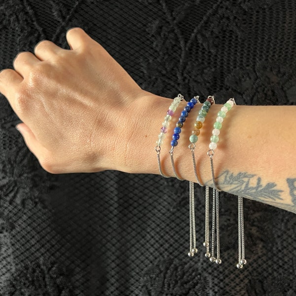 Gemstone slider bracelet, stainless steel fluorite lapis lazuli indian agate aventurine rose quartz, stackable bracelet