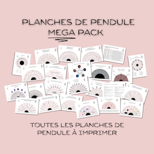 May include: A collection of printable pendulum charts on a pink background. The charts feature various designs, including zodiac signs, chakras, and phases of the moon. Text on the image reads "PLANCHES DE PENDULE MEGA PACK" and "TOUTES LES PLANCHES DE PENDULE À IMPRIMER".