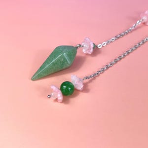 Aventurine and rose quartz dowsing pendulum, sakura flowers, stainless steel divination tool
