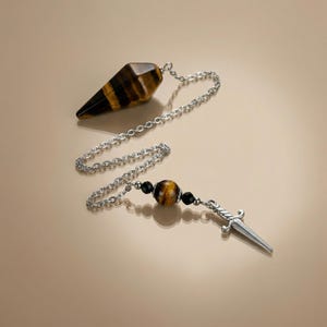 Athame dowsing pendulum, tiger eye, onyx, witchcraft divination tool