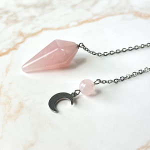 Rose quartz gemstone dowsing pendulum crescent moon and stainless steel witch divination tool