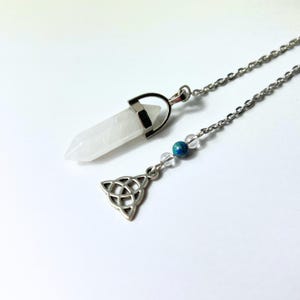 Gemstone dowsing  pendulum, clear quartz, azurite in malachite, triquetra celtic knot divination tool