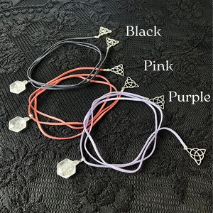 Clear quartz and triquetra wrap necklace, gemstone Celtic knot jewelry, pink lilac or black