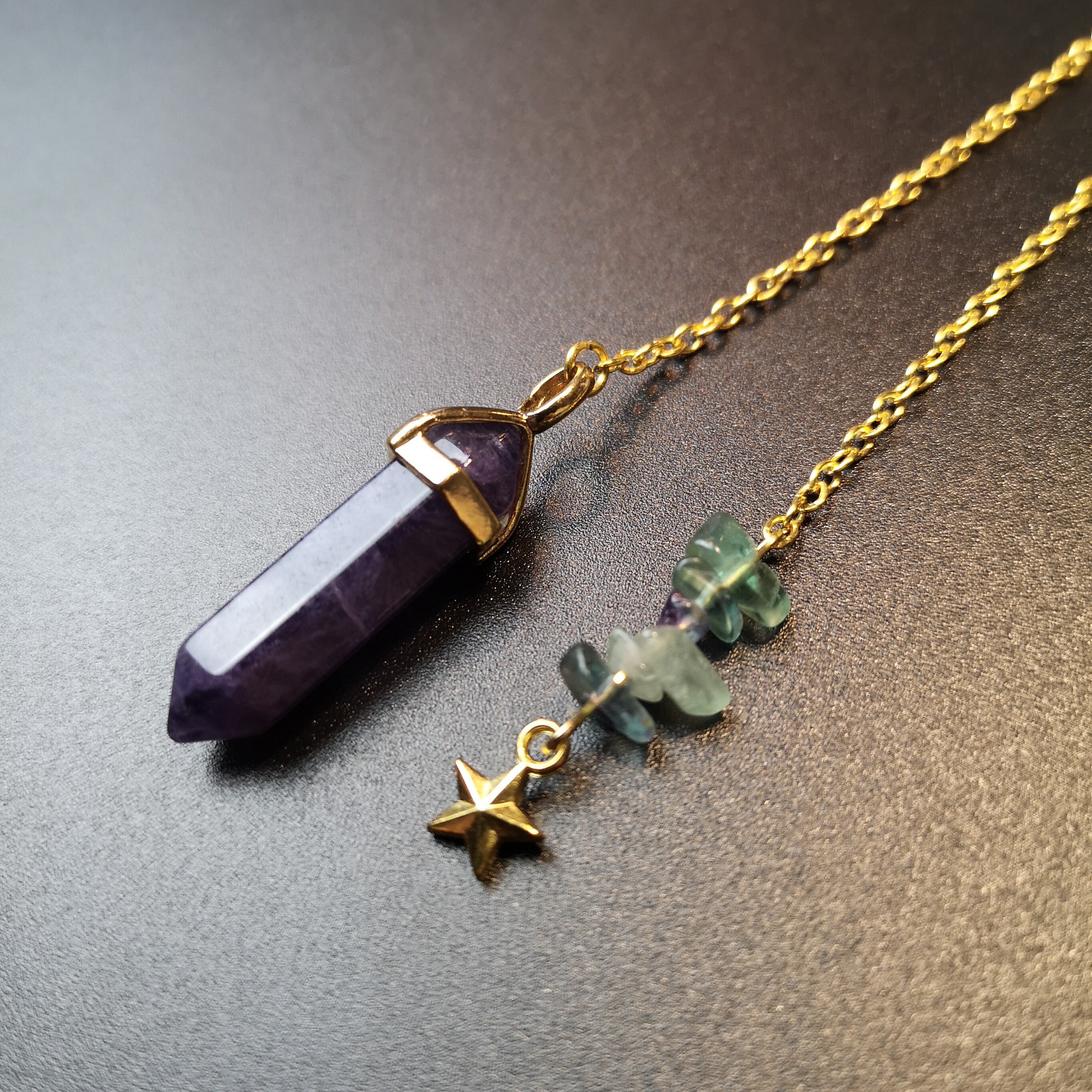 Pendule Doré Divinatoire Fluorite et Étoile Outil Radiesthésie Divination Oracle Cadeau Spirituel Pe