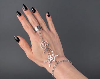 Horned God & Triple Moon Ring Bracelet, Occult pagan Jewelry for Witches, Stainless Steel