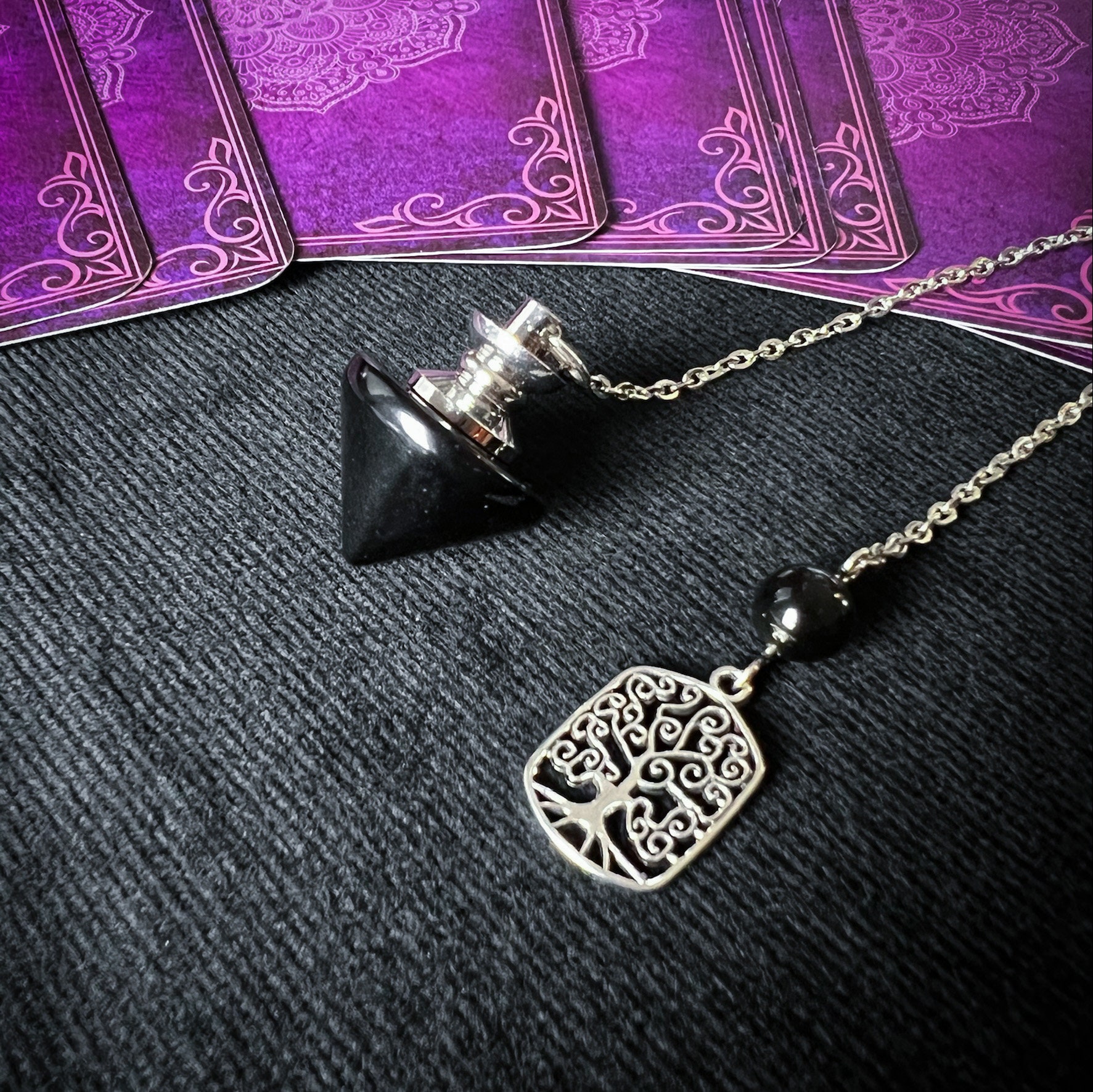 Pendule Divinatoire Conique en Obsidienne, avec Arbre de Vie, Outil Radiesthésie et Divination, Pend