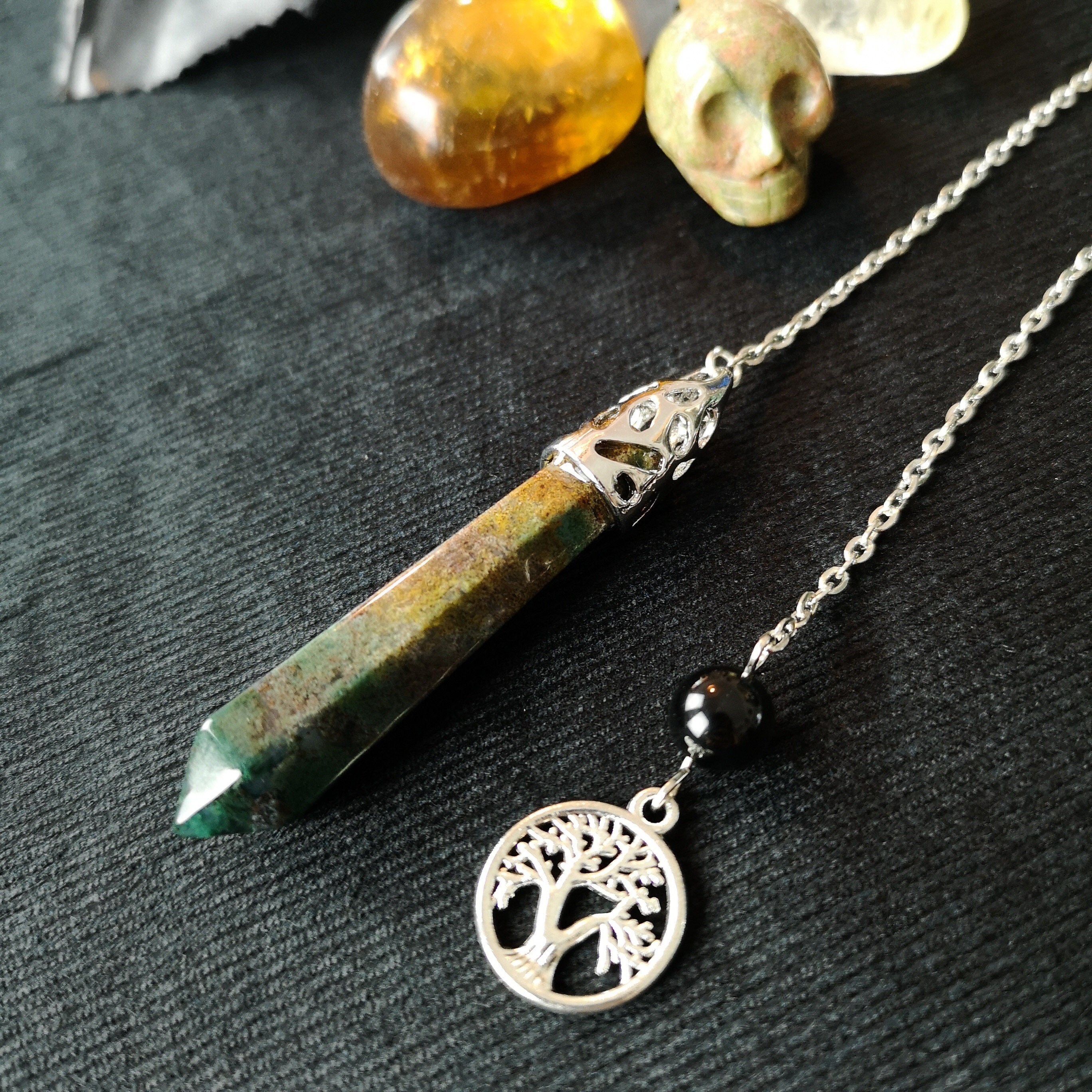 Pendule Divinatoire Arbre de Vie en Agate Mousse et Obsidienne, Pendule Sorcellerie Outil Ésotérisme