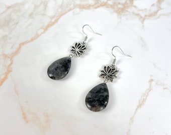 Lotus and larvikite earrings spiritual jewelry teardrop earrings crystal lotus earrings