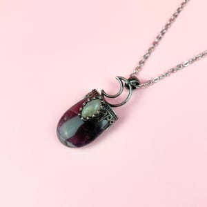 Crescent moon, Amethyst, and Labradorite gemstone necklace, pagan witch jewelry