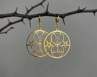 Siegel von Luzifer und Lilith okkulte Ohrringe, goldenes, umgekehrtes Pentagramm, gotischer Schmuck