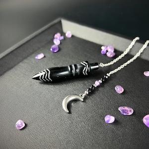 Péndulo de Thot grabado, herramienta de adivinación con piedras preciosas, obsidiana, ónix y amatista.