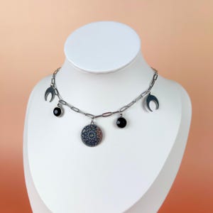 Zodiac Astrological wheel necklace choker, paper clip chain, occult jewelry with black rhinestones