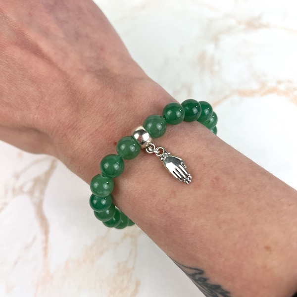 Aventurine mala bracelet, gemstone beaded jewelry, spiritual boho gift, hand and lotus charm