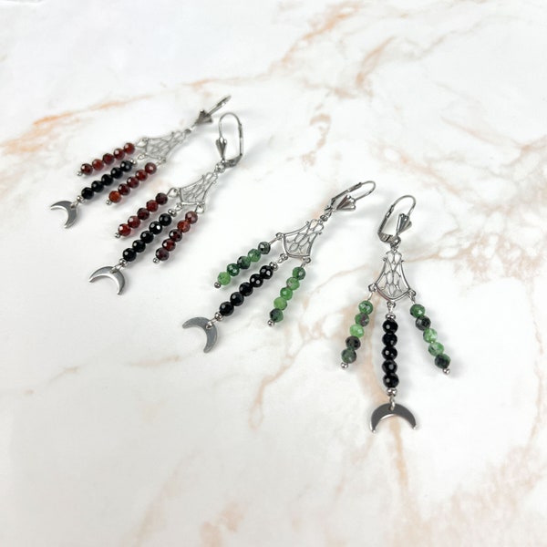 Gemstone chandelier earrings, Ruby Zoisite Onyx or Garnet Onyx, stainless steel, art deco style