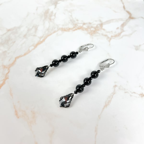 Boucles d'oreilles retro 20's obsidienne, strass et cristal boucles dormeuses élégantes cadeau pour elle style gothique