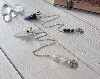 Triple moon and pentacle dowsing pendulum clear quartz or amethyst gemstone pagan wiccan witch divination tool