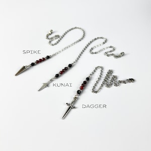 Dowsing pendulum chain, Garnet and Onyx, Kunai, Dagger or Spike charm, stainless steel