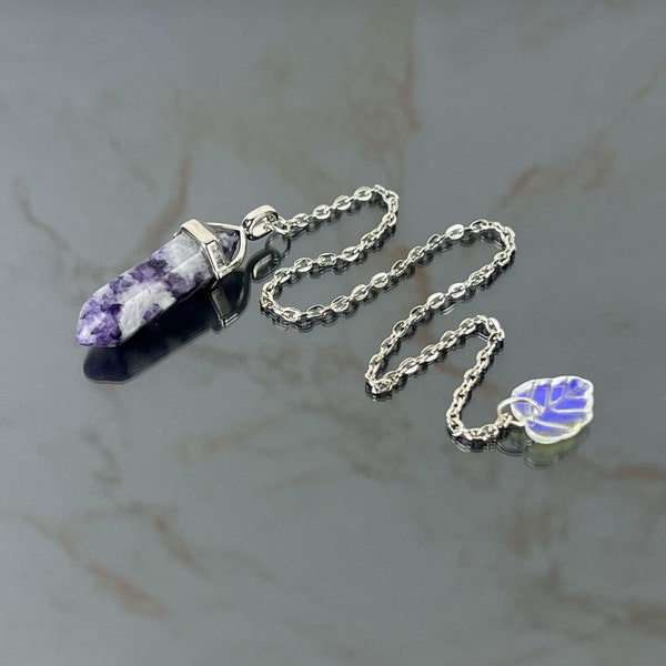 Charoite gemstone and leaf dowsing pendulum, fantasy elven divination tool, spiritual gift for a witch, higher self communication