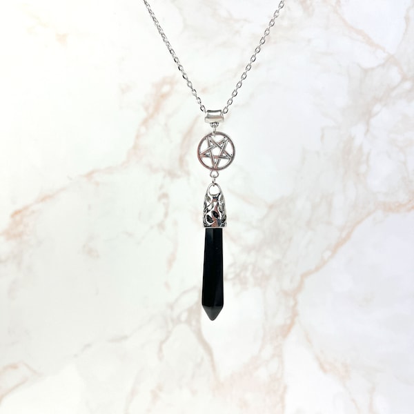 Collier pendule pentacle inversé et onyx, bijou divination avec un pentacle inversé, bijou pendule de sorcellerie