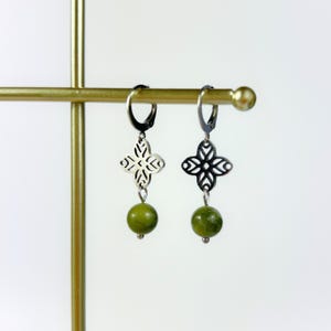 Green jade gemstone art deco earrings, floral mandala, elegant and dainty jewelry for her