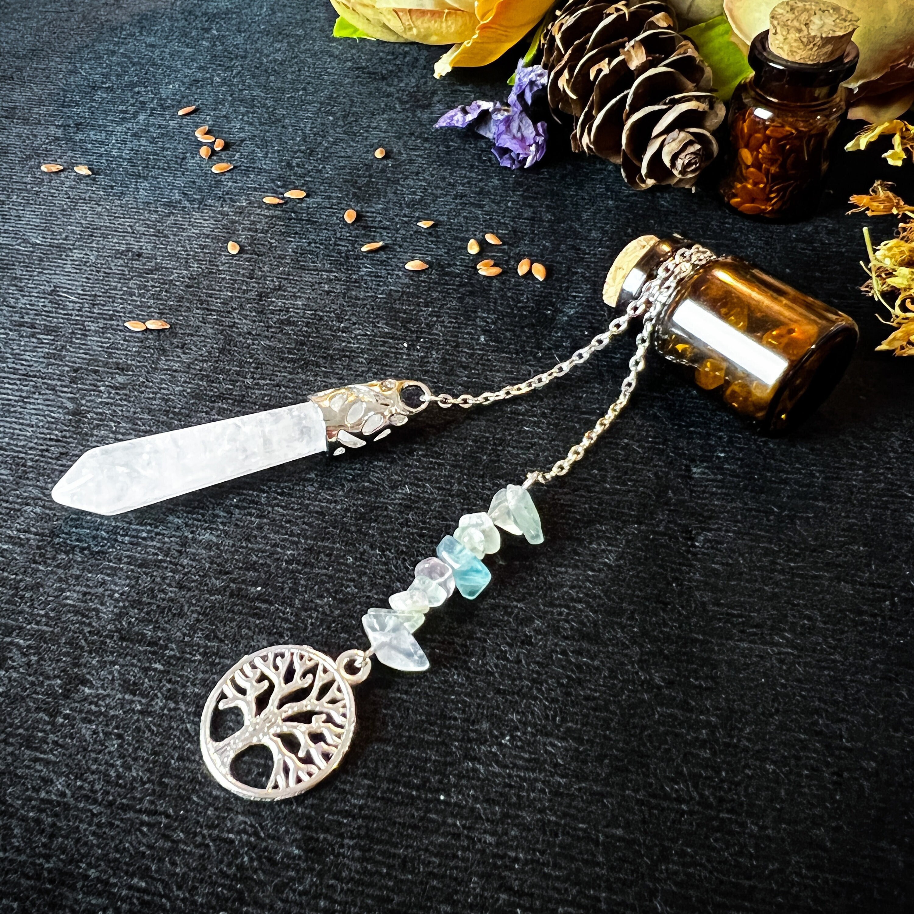 Pendule Divinatoire en Quartz et Fluorite avec Son Abre de Vie Outil Radiesthésie Divination Pendule