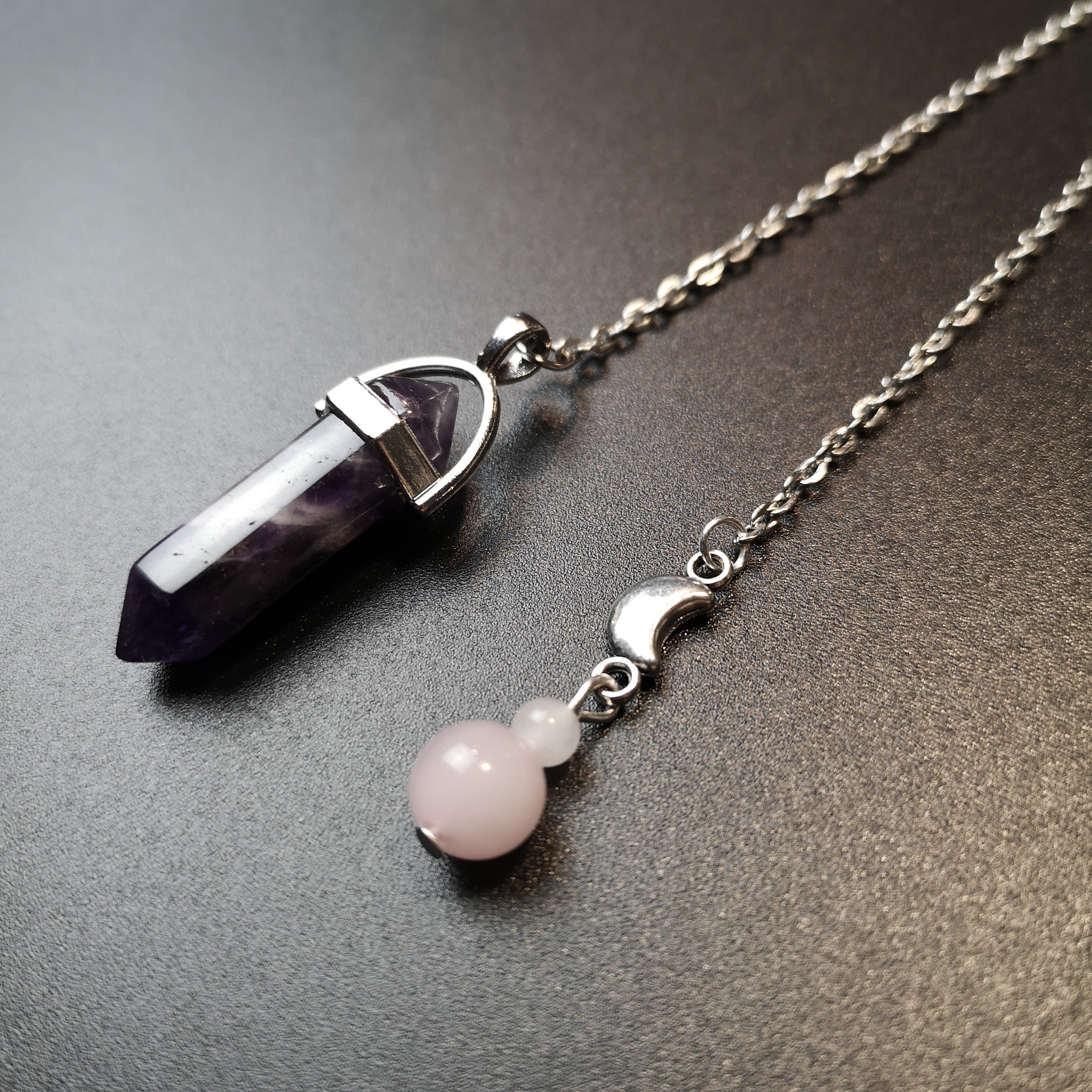Pendule Divinatoire Améthyste Quartz Rose et Croissant de Lune Pendule Witchy Pour Radiesthésie Sorc