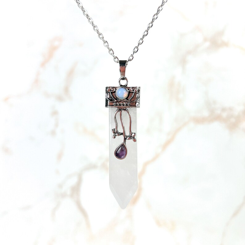 Quartz necklace boho jewelry witchy jewelry quartz pendant with opalite witch gift art nouveau necklace spiritual jewelry image 1