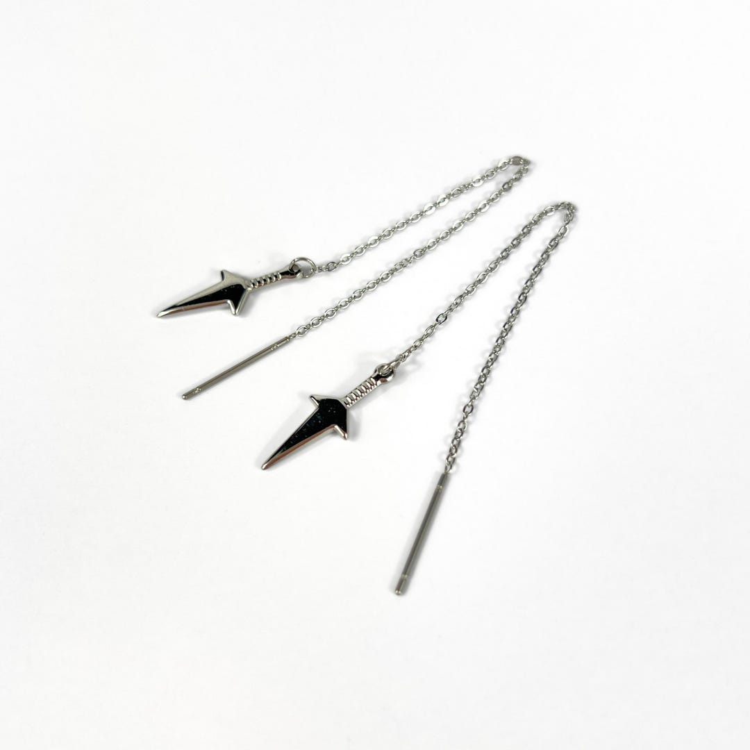 Kunai Threader Earrings, Ninja Edgy Jewelry, Silver Tone Stainless ...