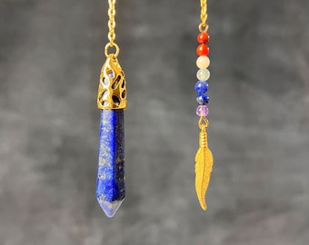 Golden 7 chakras crystal pendulum lapis lazuli feather charm dowsing tool divination magick art spiritual gift seven chakras pendulum