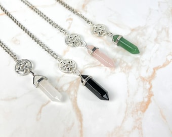 Pentacle pendulum necklace, choose your gemstone: obsidian, quartz, rose quartz or aventurine, witch crystal necklace