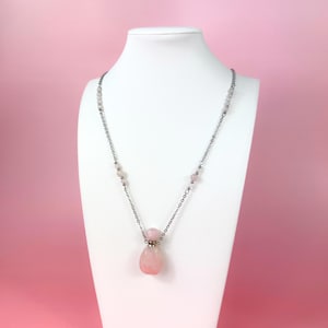 Rose quartz perfume bottle necklace for fragance, essential oil, potion vial jewelry