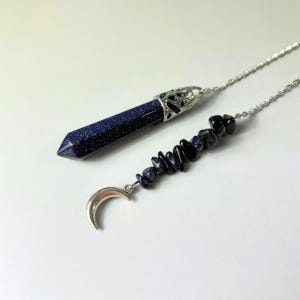 Blue sandstone pendulum, crescent Moon charm, dowsing divination tool