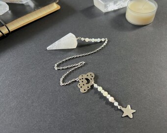 Celestial gemstone pendulum, clear quartz, morganite, moonstone