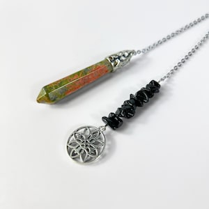 Unakite and obsidian dowsing pendulum with a mandala charm