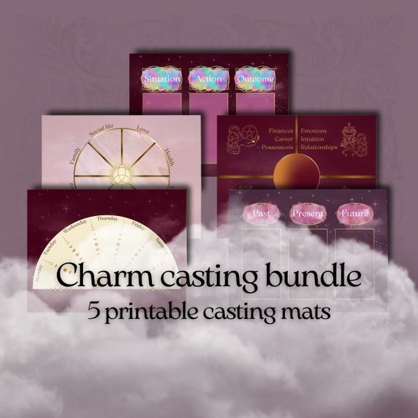 5 printable charm casting mats, divination bundle for charm casting, runes, dices, A4 and US letter