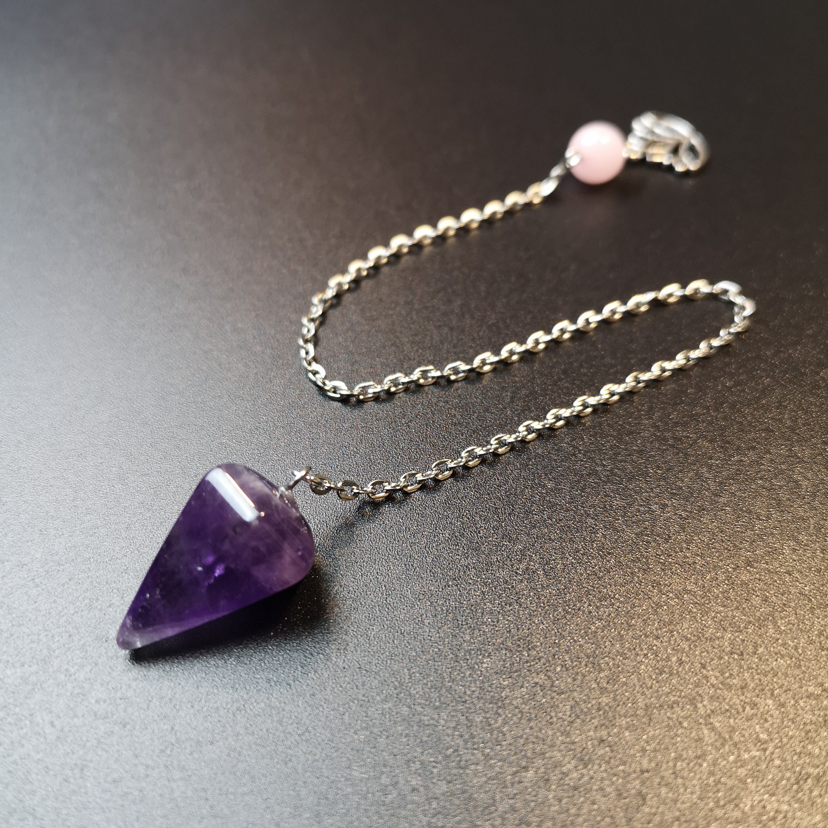 Petit Pendule Divinatoire Amethyste Rose Quartz et Lotus Outil Divination Radiesthésie