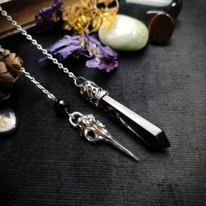 Divination tool Onyx and obsidian bird skull pendulum dowsing spiritual fortune telling witchcraft gothic pendulum