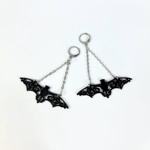 Big black bat earrings, gothic alternative jewelry for her, dangle and drop statement earrings