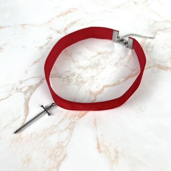 Ras de cou épée en velour rouge, collier victorien gothique médiéval fantastique