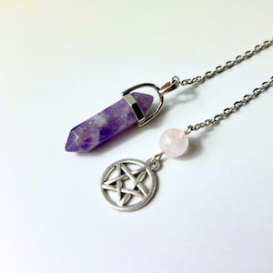 Pendule divinatoire améthyste quartz rose et pentacle pendule witchy pour radiesthésie sorcellerie oracle