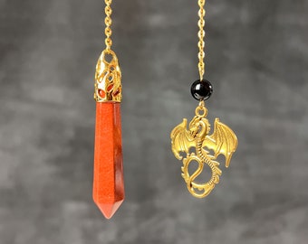 Pendule divinatoire doré en jaspe rouge, avec son dragon, et sa perle d'obsidienne, outil de radiesthésie et de divination