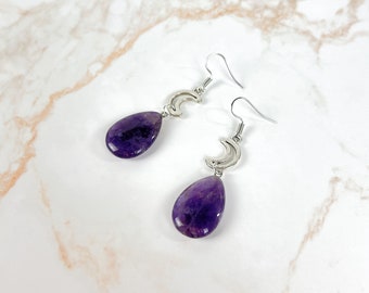 Boucles d'oreilles croissant de lune en améthyste bijou pour femme en pierre semi précieuse