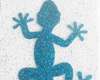 IRON ON TRANSFER patch glitter foil blue gecko lizard animal 2.5 inches width L@@K diy