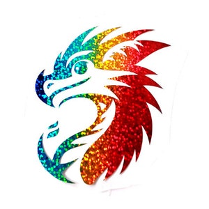 May include: Rainbow glitter dragon head silhouette. The dragon is facing left and has a spiky mane.