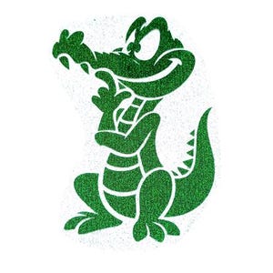 Könnte beinhalten: Grüne Glitzer-Krokodil-Silhouette mit einem zahnigen Grinsen und einem erhobenen Arm, als ob es winkt oder zeigt.
