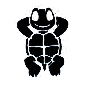 May include: A black and white graphic of a turtle with its arms behind its head. The turtle has a smiling face and a shell divided into sections. The image is a silhouette on a white background.