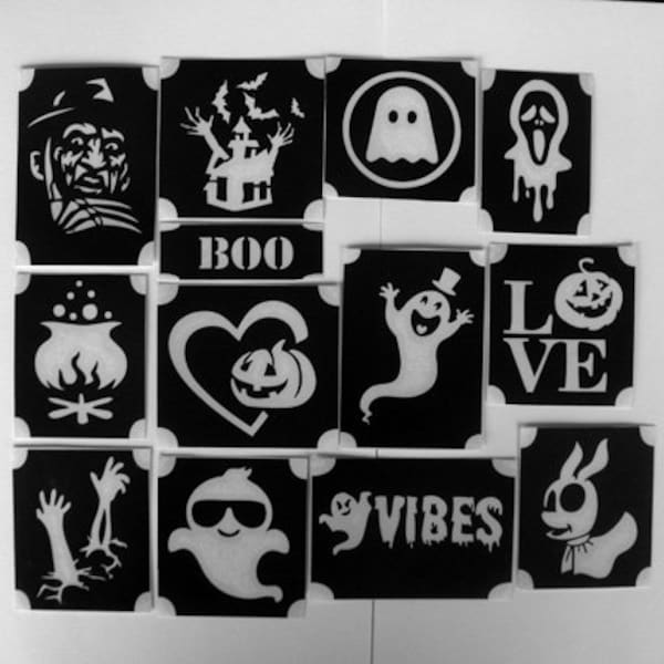 BM2022 set 2 Halloween designs GLITTERTATTOO haunted house, ghost, pumpkin, kettle, hand, 13 different stencils glitter tattoo awesome