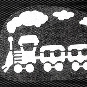 May include: A white silhouette of a train with a plume of smoke above it, against a black background. The train has a locomotive and three boxcars.