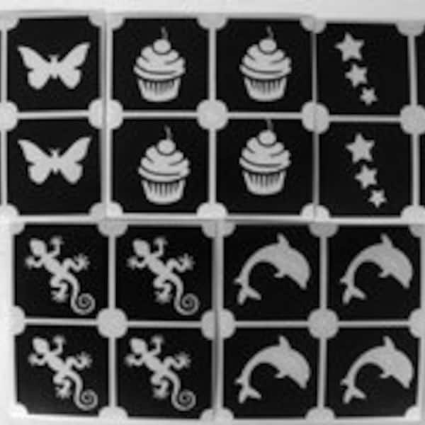 GLITTERTATTOO 40 mini designs (10 x 4) butterfly dolphin cupcake gecko stars designs stencils glitter tattoo awesome DIY